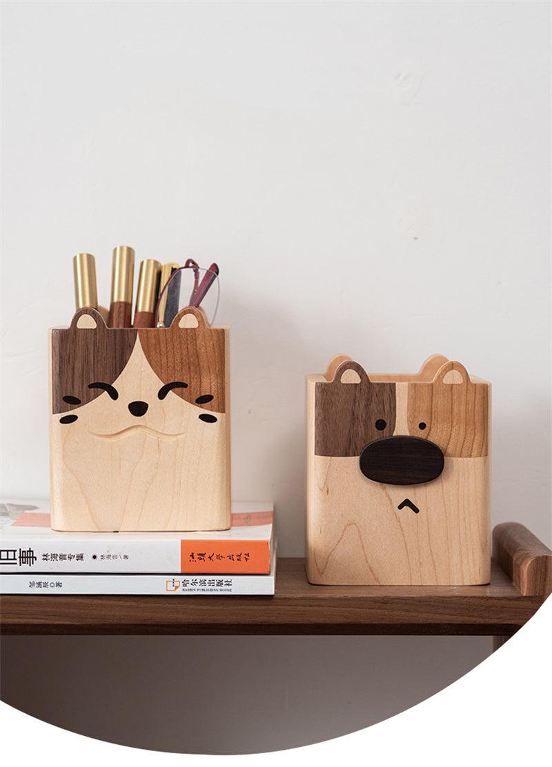 Double-Sided Cat & Dog Pen Holder Whimsical Wooden Desk Organizer