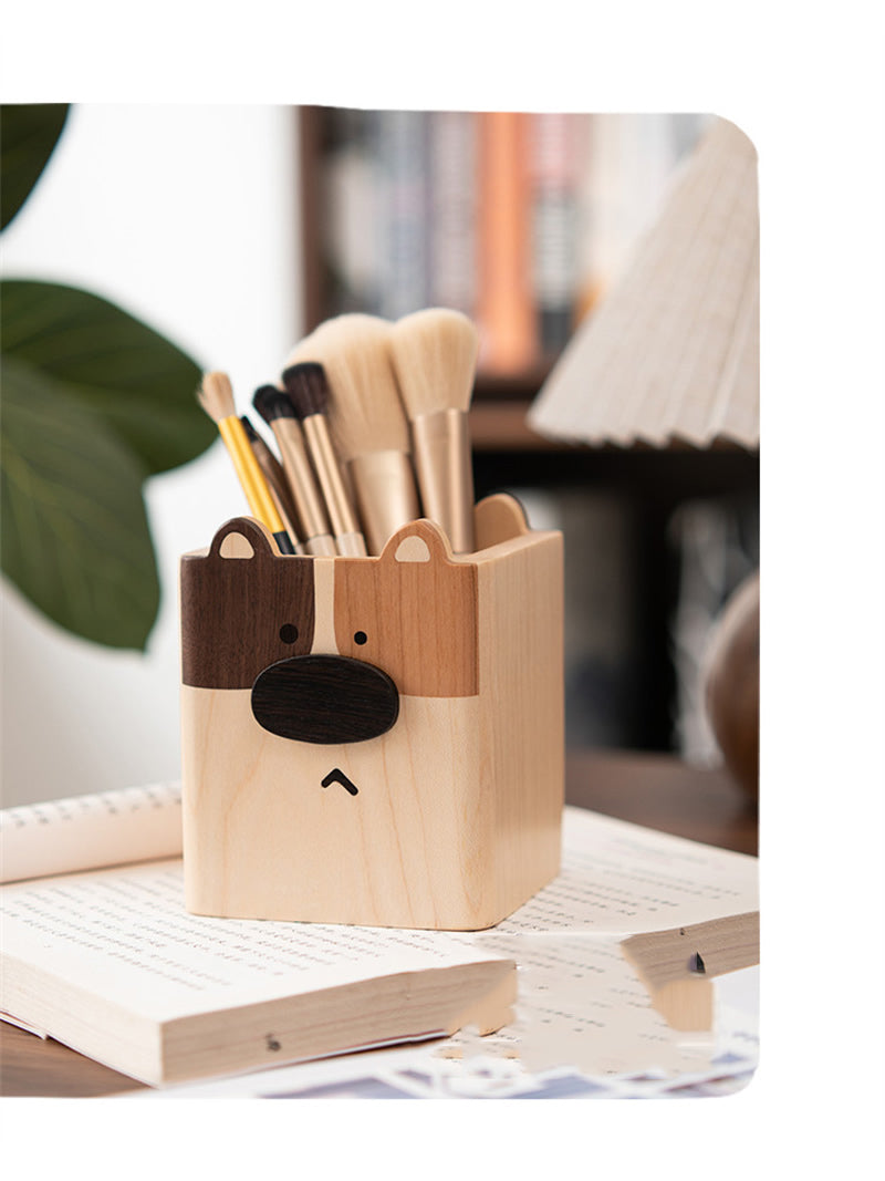Double-Sided Cat & Dog Pen Holder Whimsical Wooden Desk Organizer