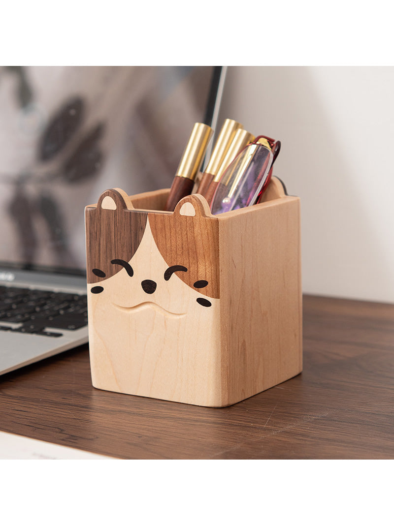 Double-Sided Cat & Dog Pen Holder Whimsical Wooden Desk Organizer