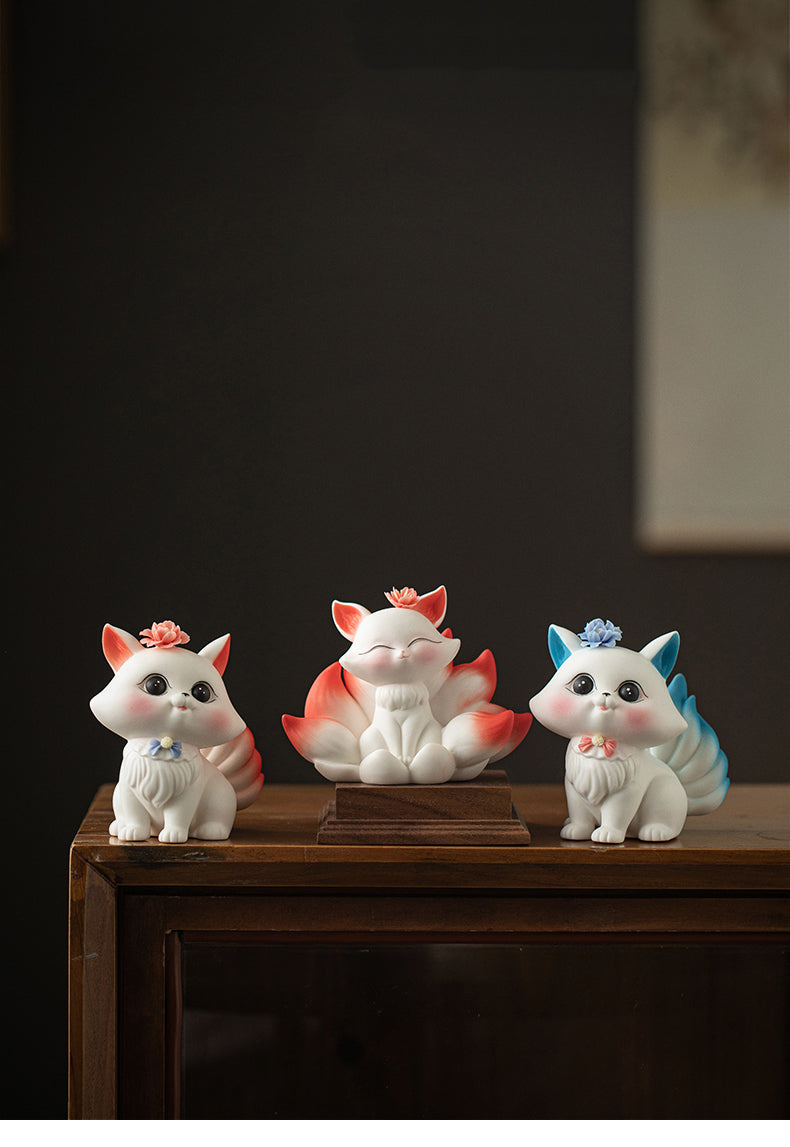 Enchanted Fox Ceramic Figurines - Whimsical Home Decor with Floral Accents