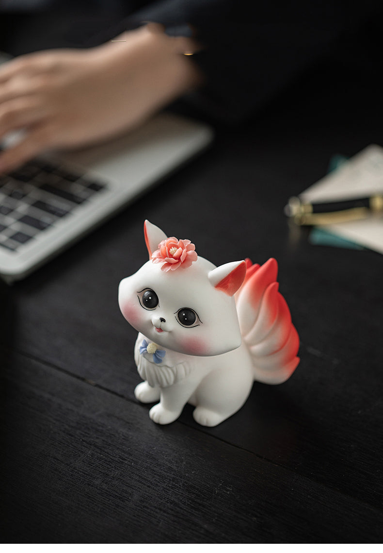 Enchanted Fox Ceramic Figurines - Whimsical Home Decor with Floral Accents