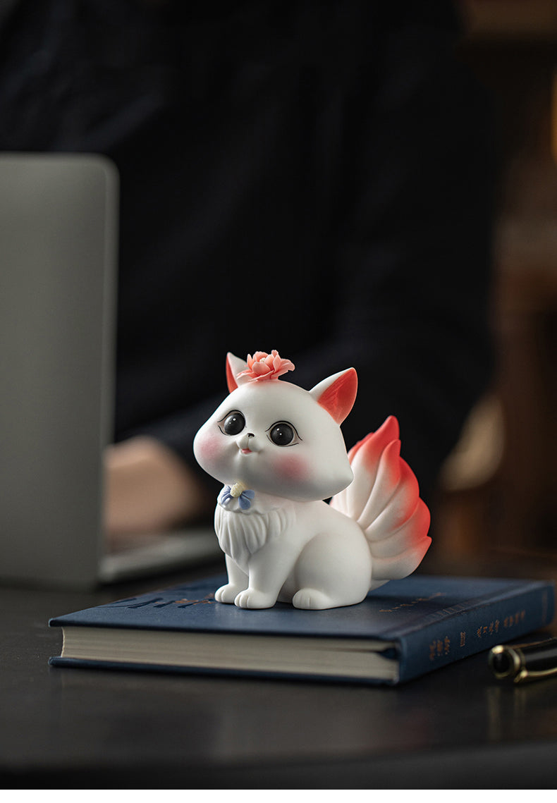 Enchanted Fox Ceramic Figurines - Whimsical Home Decor with Floral Accents