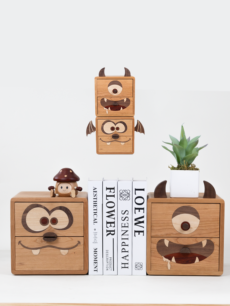 Evil little Monster Wooden Organizer - Desktop Drawer Storage Box