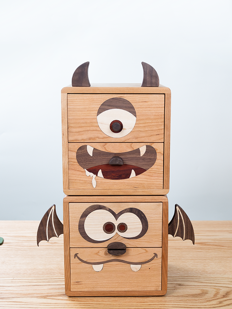 Evil little Monster Wooden Organizer - Desktop Drawer Storage Box