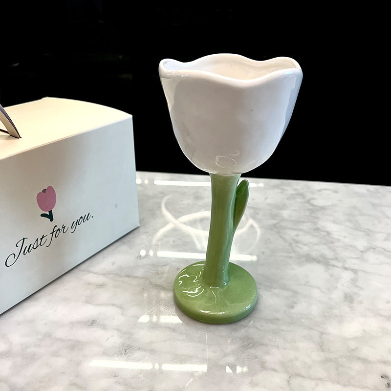 Exquisite Tulip Flower Ceramic Goblet, Wine Glass, Fashionable Home Decoration