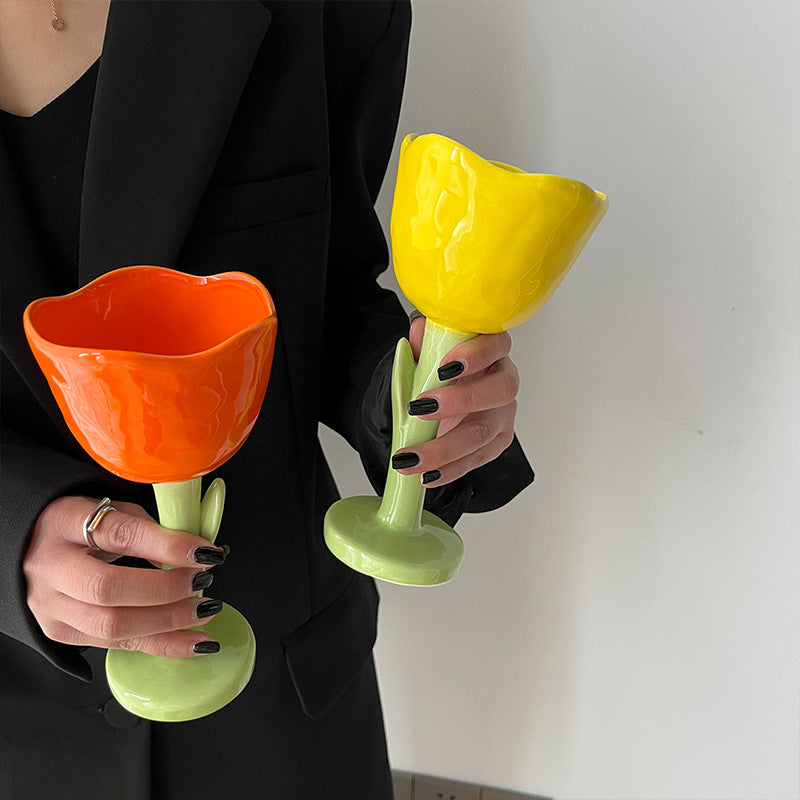 Exquisite Tulip Flower Ceramic Goblet, Wine Glass, Fashionable Home Decoration
