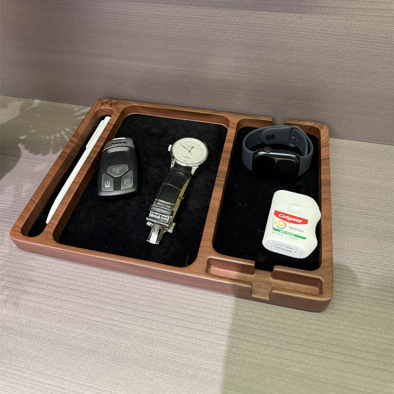 Faux Walnut Wood Grain Resin Valet Tray, Multi Divider Bedside Catchall Organizer , Nightstand Storage Tray for Smartphone Watch Earbuds Keys Pens, Minimalist Tabletop Decor