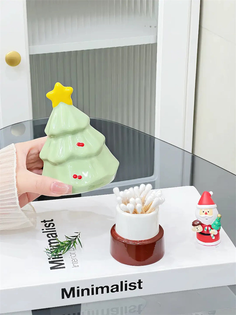 Festive Christmas Tree Toothpick Holder&Cotton Swab Storage - Mint Green Ceramic Holiday Decor