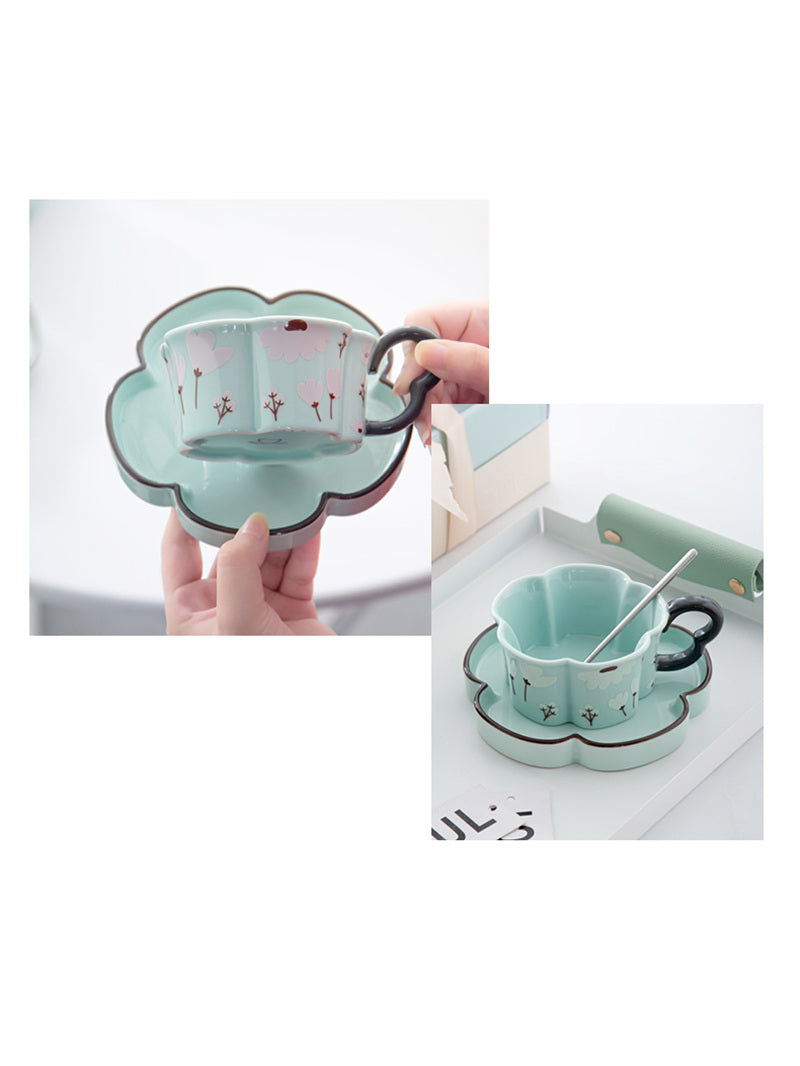 Floral - Shaped Ceramic Cup and Plate Set, Mint Green Tea Cup with Saucer