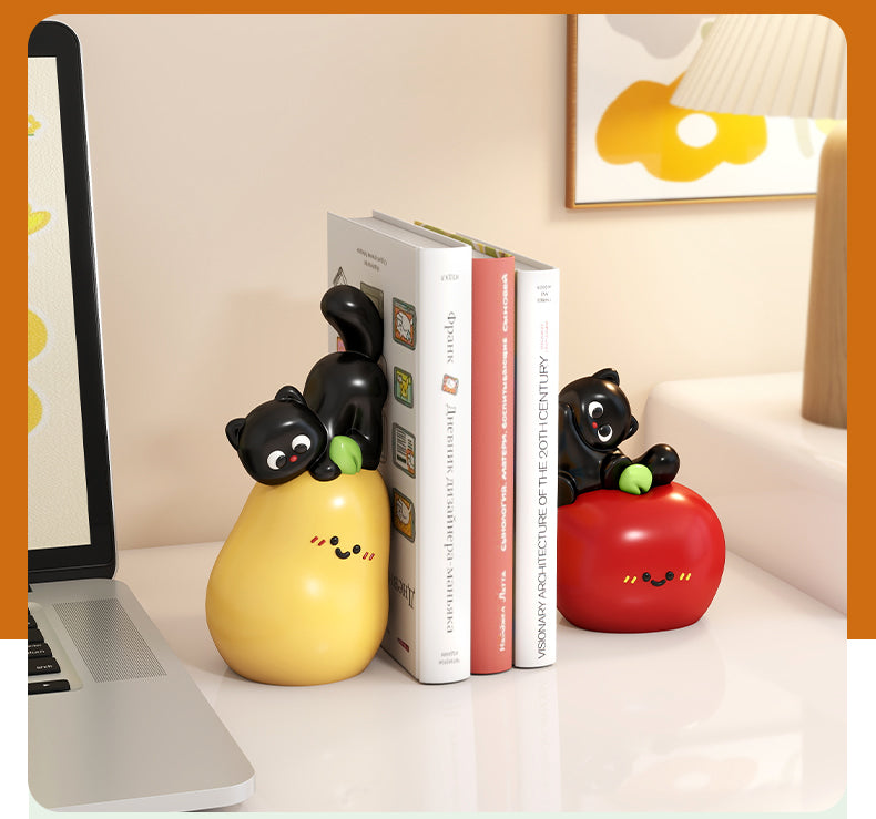 Fruit & Cat Bookends Set - Whimsical Pear & Apple Design,Office Decor