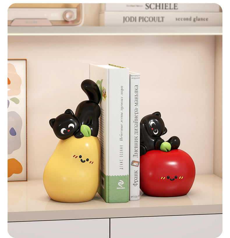 Fruit & Cat Bookends Set - Whimsical Pear & Apple Design,Office Decor