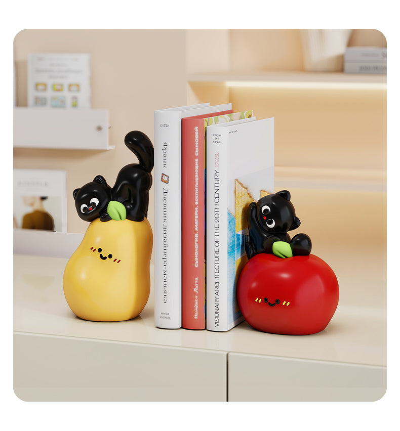 Fruit & Cat Bookends Set - Whimsical Pear & Apple Design,Office Decor