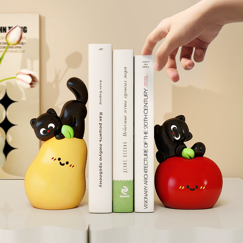 Fruit & Cat Bookends Set - Whimsical Pear & Apple Design,Office Decor