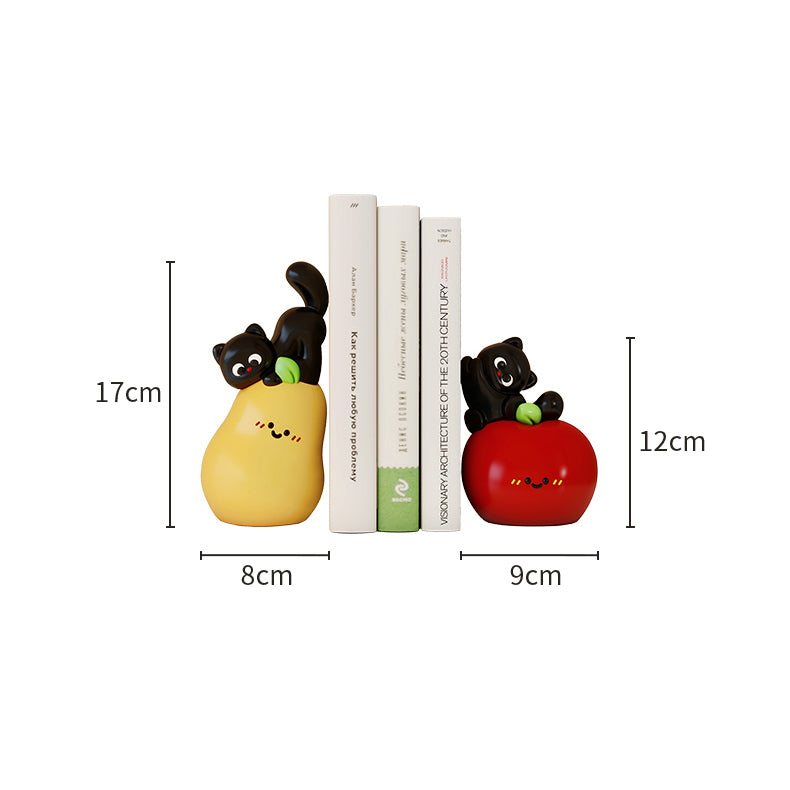 Fruit & Cat Bookends Set - Whimsical Pear & Apple Design,Office Decor