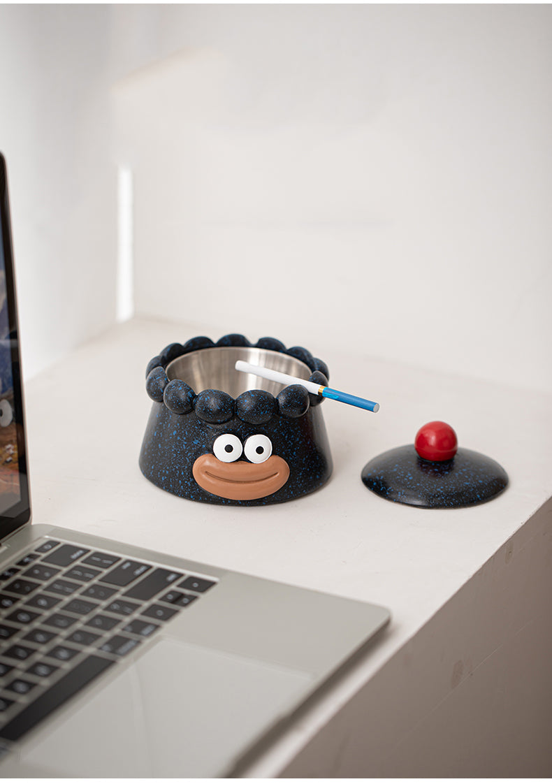 Funny Cartoon Face Ashtray with Lid - Big Eyes & Lips Design