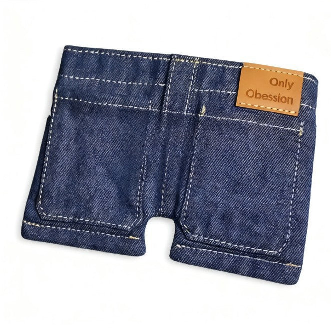 Funny Novelty Mini Denim Jean Shorts Shaped Bifold Wallet, Faux Denim Fabric Small Pants Money Card Holder with Coin Pocket, Creative Unique Cute Purse for Cash Credit Cards Coins