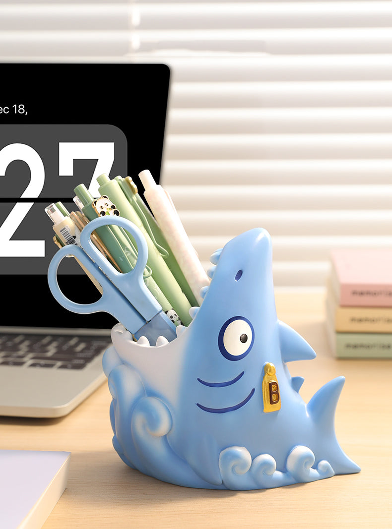 Funny Shark Pen Holder - Cartoon Office Desk Organizer Storage Box