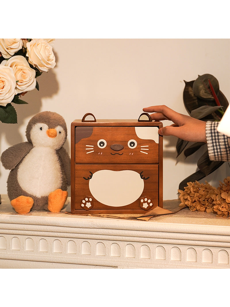 Funny Smiley Cat Wooden Storage Box, Office Desk Organization