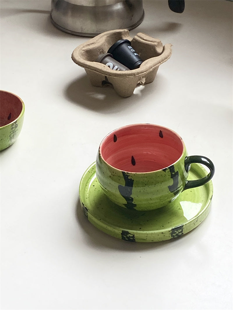 Funny Watermelon Ceramic Cup and Saucer Set, Creative Fruit - Inspired Drinkware