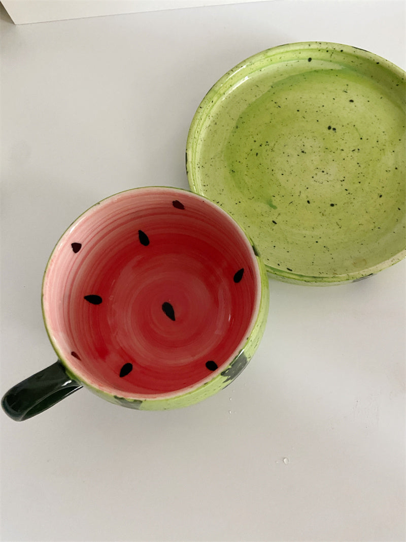 Funny Watermelon Ceramic Cup and Saucer Set, Creative Fruit - Inspired Drinkware
