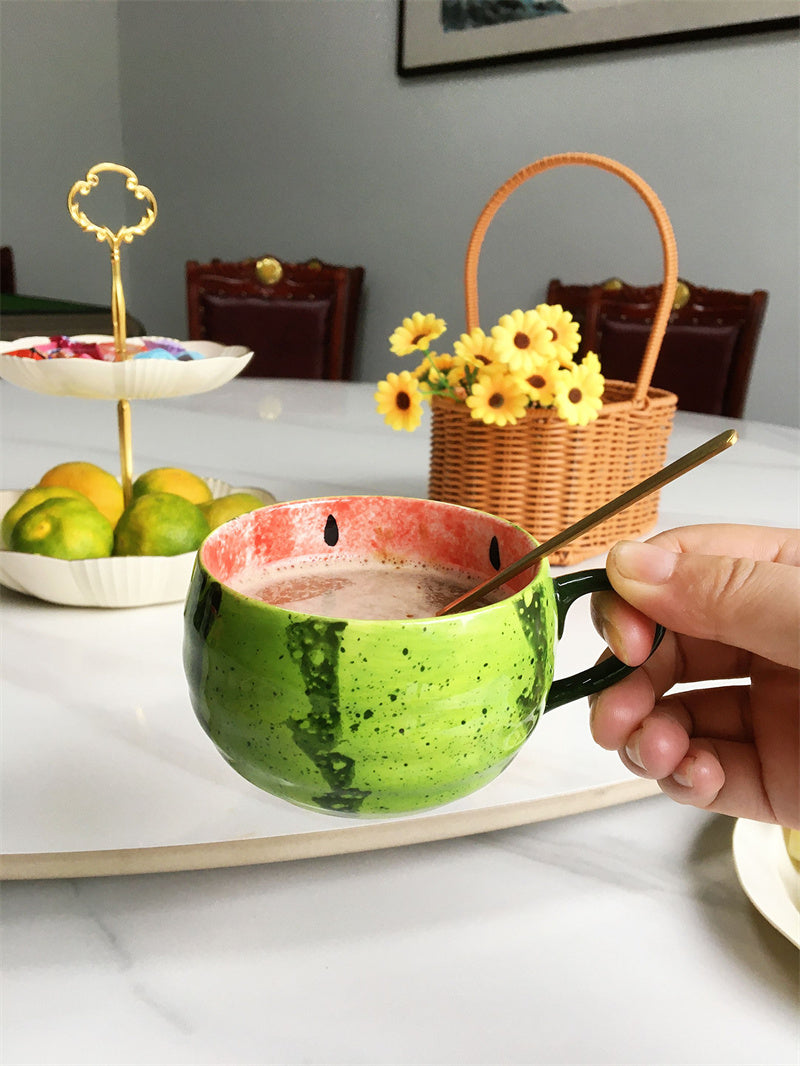Funny Watermelon Ceramic Cup and Saucer Set, Creative Fruit - Inspired Drinkware