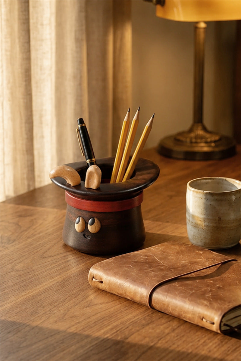 Funny Wood Makeup Brush Holder, Cute Magician Top Hat Pen Holder, Kawaii Cartoon Wooden Vanity Organizer, Rustic Table Decor
