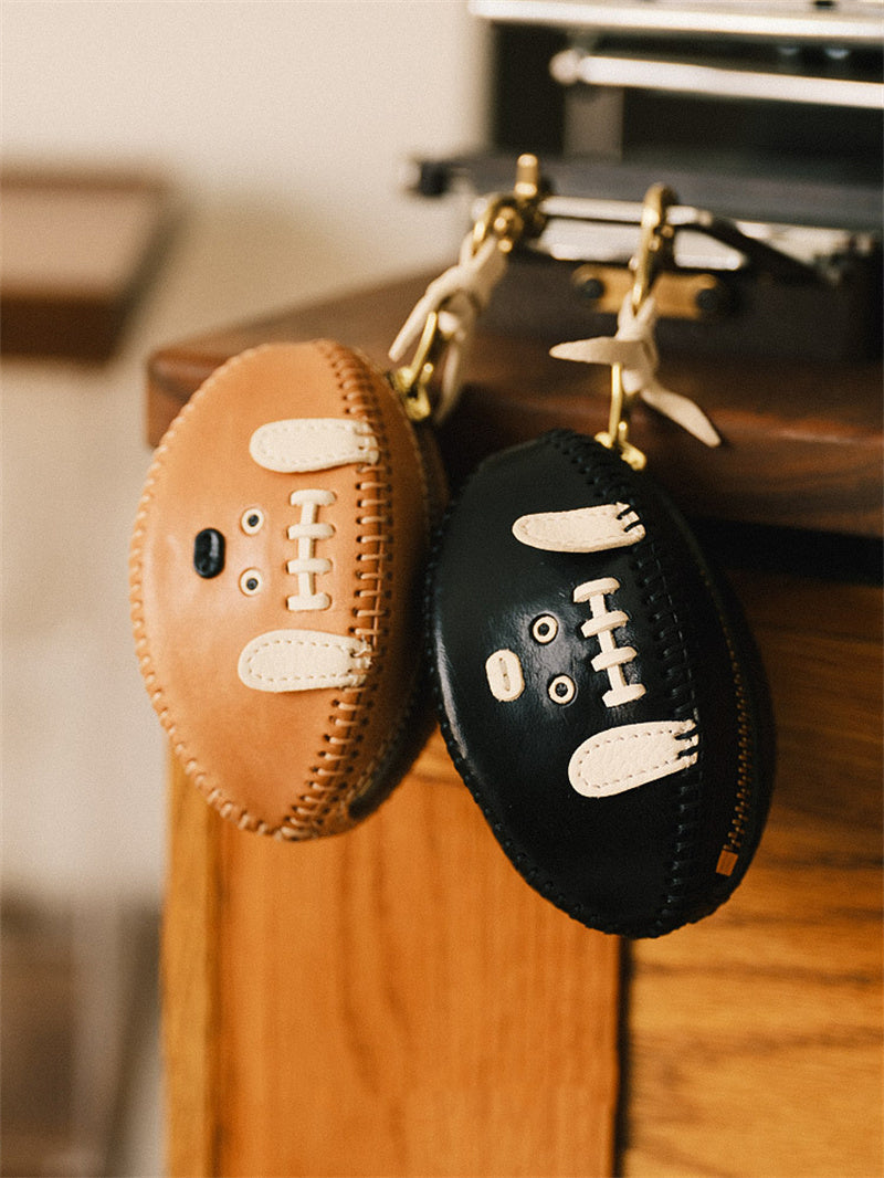Genuine Leather Key Holder - Football-Shaped Coin Pouch for Keys & Small Essentials