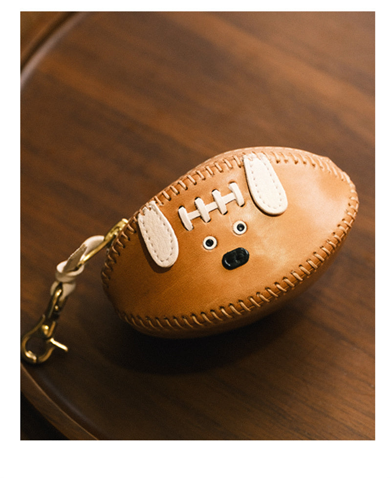 Genuine Leather Key Holder - Football-Shaped Coin Pouch for Keys & Small Essentials