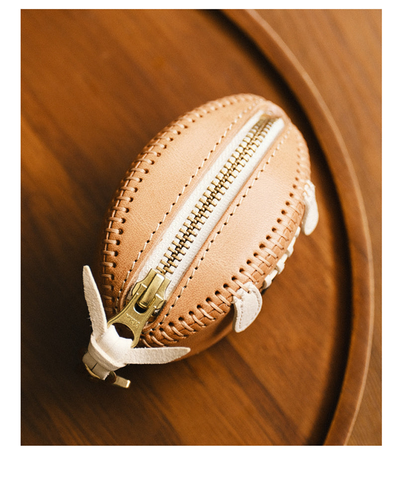 Genuine Leather Key Holder - Football-Shaped Coin Pouch for Keys & Small Essentials