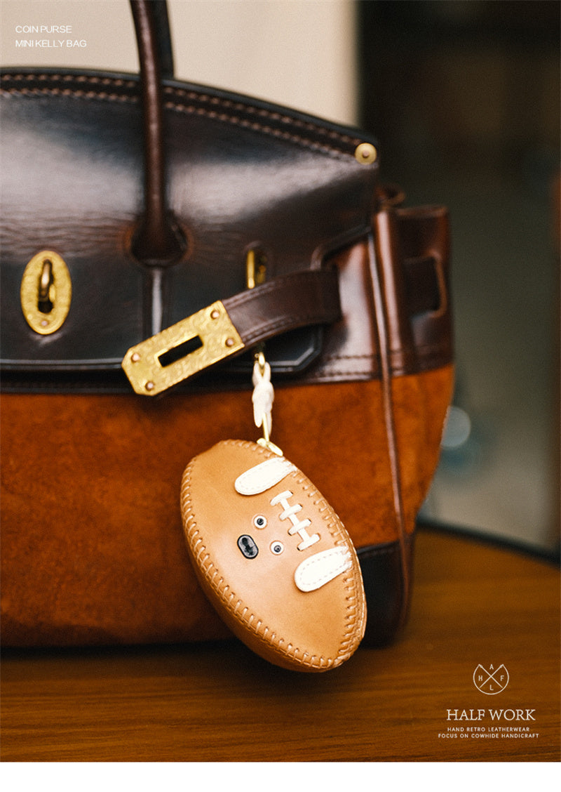 Genuine Leather Key Holder - Football-Shaped Coin Pouch for Keys & Small Essentials