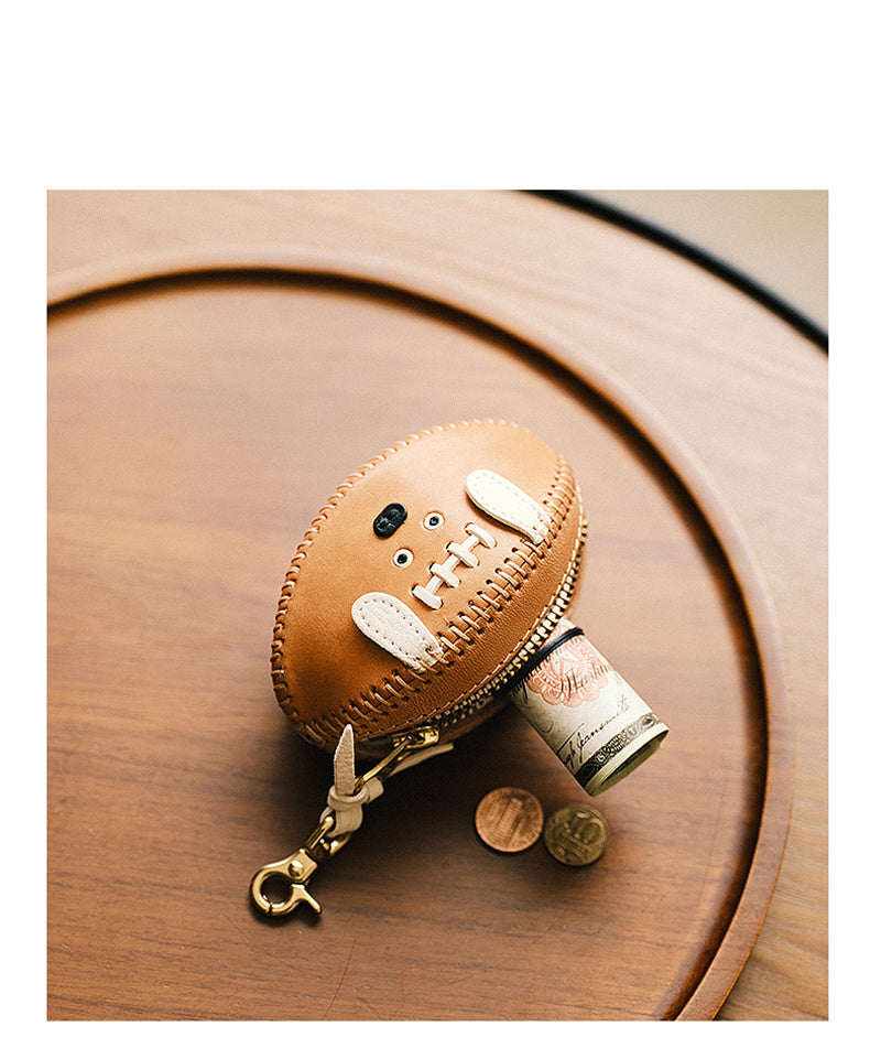 Genuine Leather Key Holder - Football-Shaped Coin Pouch for Keys & Small Essentials