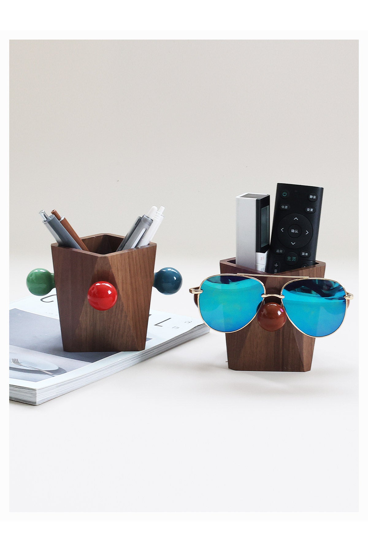 Geometric Line Art Wooden Pen Holder & Glasses Stand - Office & Home Desktop Organizer
