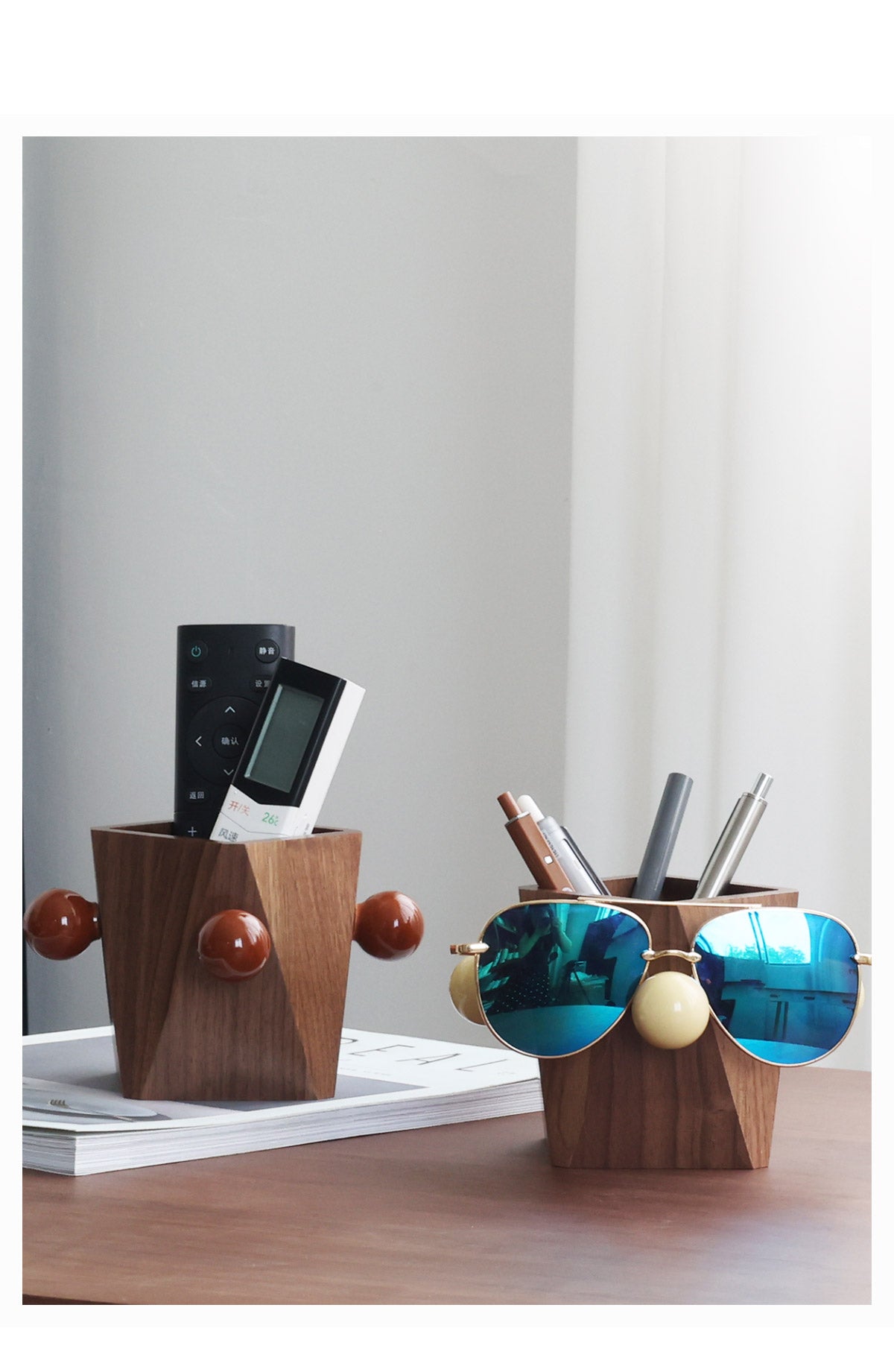 Geometric Line Art Wooden Pen Holder & Glasses Stand - Office & Home Desktop Organizer