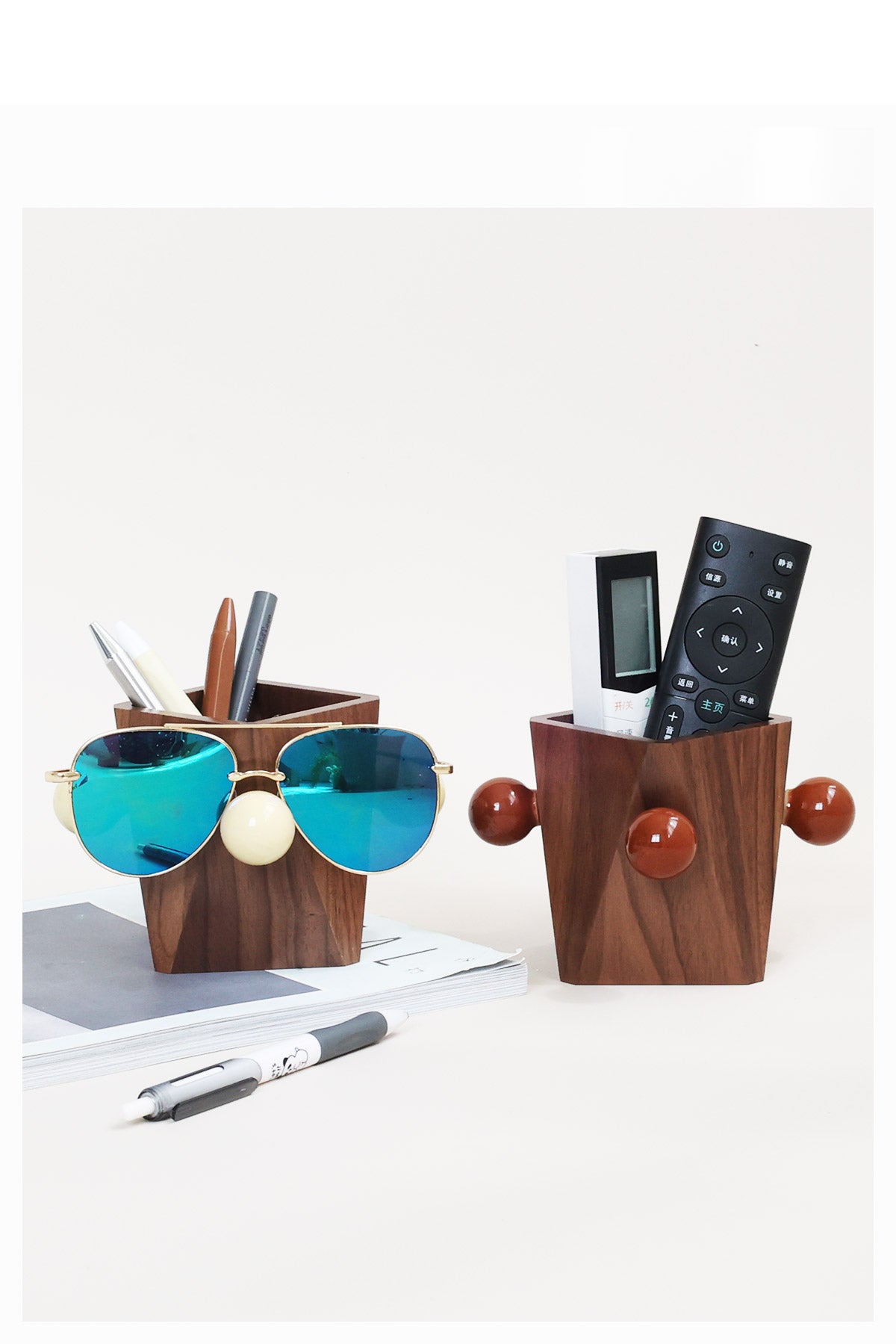 Geometric Line Art Wooden Pen Holder & Glasses Stand - Office & Home Desktop Organizer
