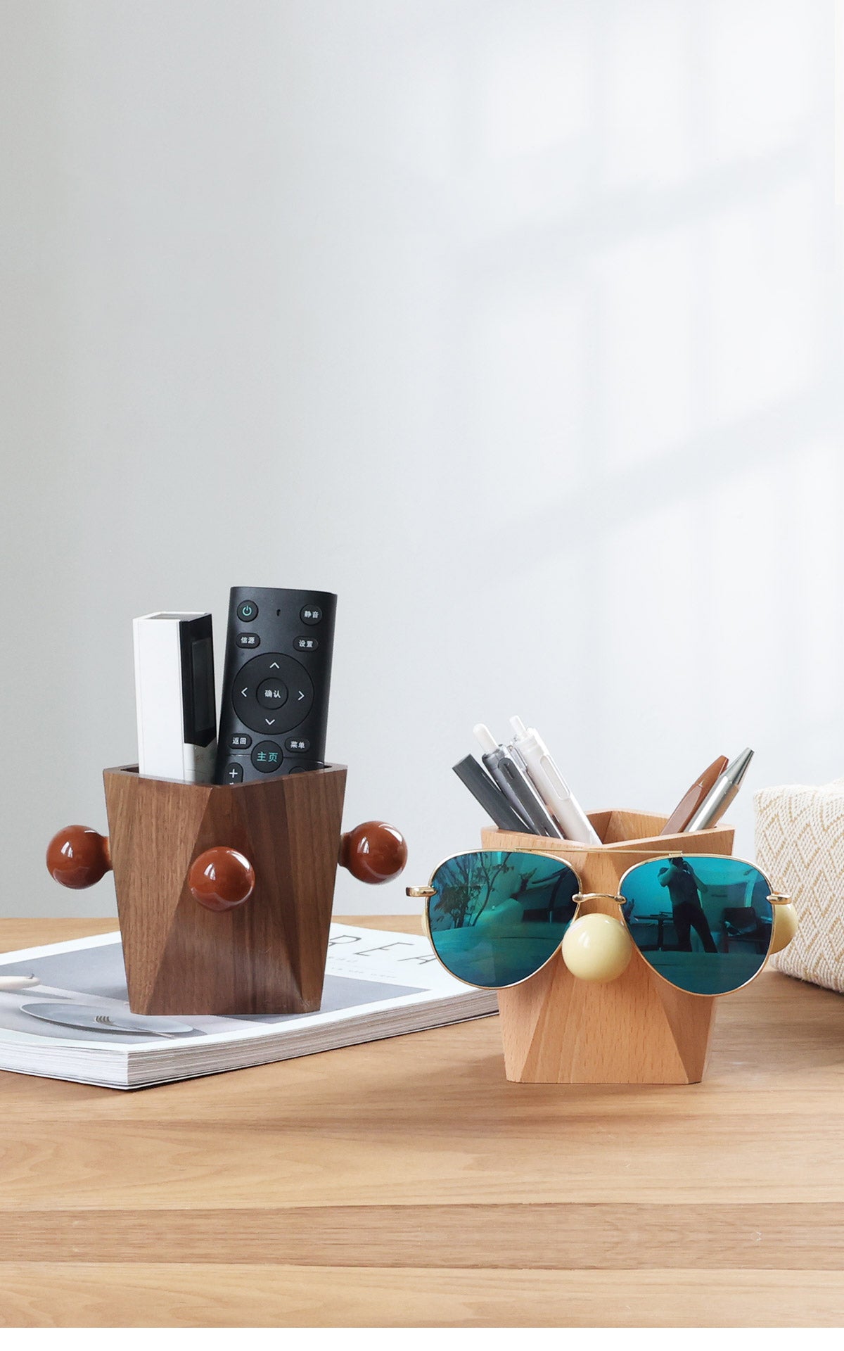 Geometric Line Art Wooden Pen Holder & Glasses Stand - Office & Home Desktop Organizer