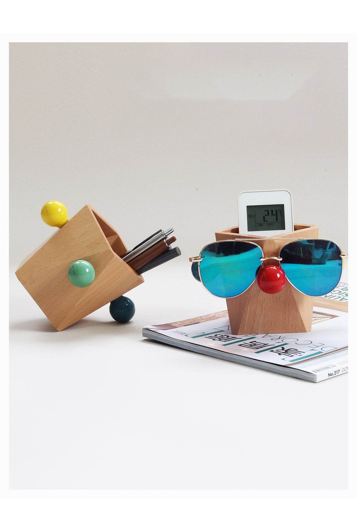 Geometric Line Art Wooden Pen Holder & Glasses Stand - Office & Home Desktop Organizer