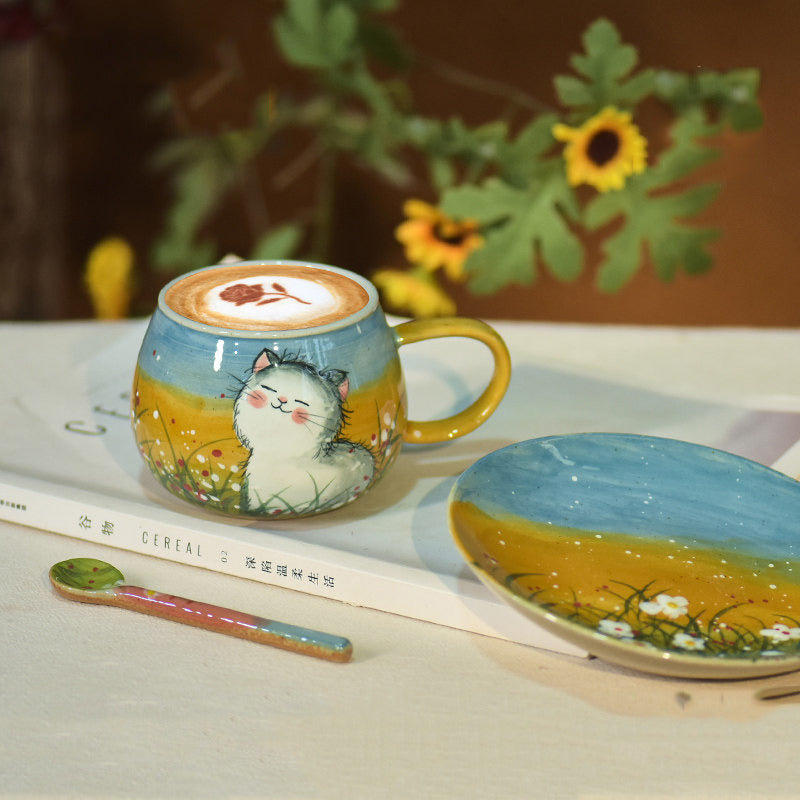 Hand‑Painted Smiling Cat Ceramic Mug , Artisan Floral Field Coffee Tea Cup, Gift for Her