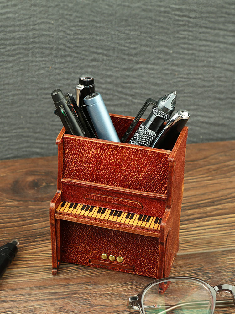 Handcrafted Genuine Leather Piano Pen Holder: Elegant Desk Organizer