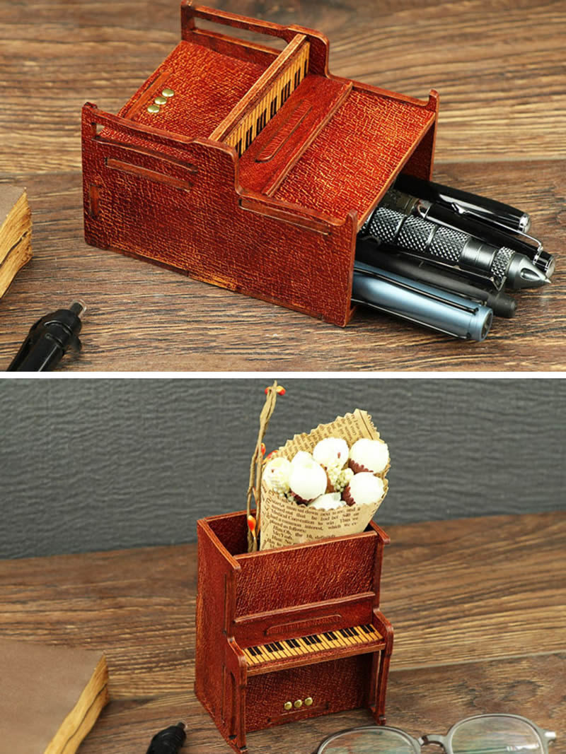 Handcrafted Genuine Leather Piano Pen Holder: Elegant Desk Organizer
