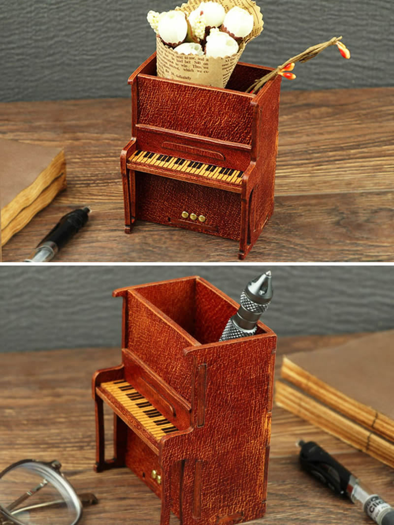 Handcrafted Genuine Leather Piano Pen Holder: Elegant Desk Organizer