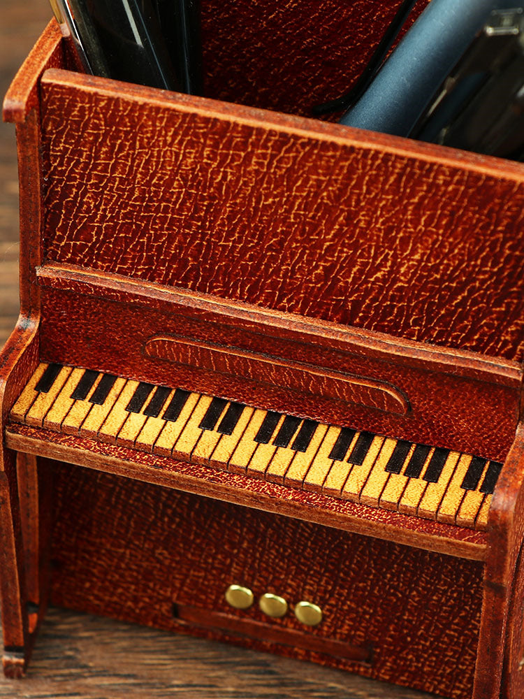 Handcrafted Genuine Leather Piano Pen Holder: Elegant Desk Organizer