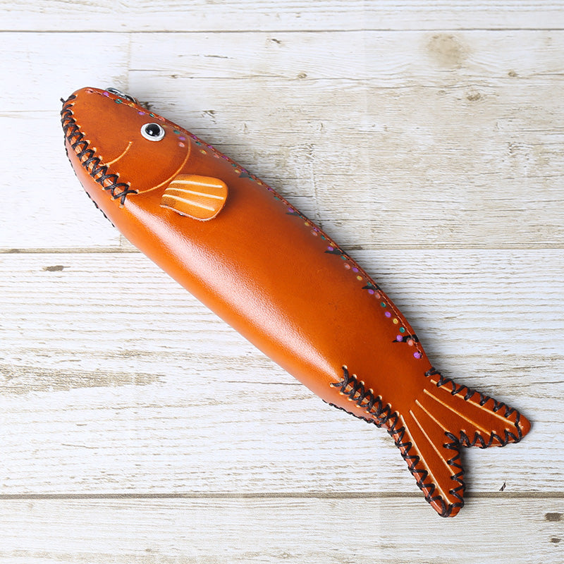 Handcrafted Mini Fish Leather Key Pouch - Genuine Leather Coin Purse with Whimsical Design