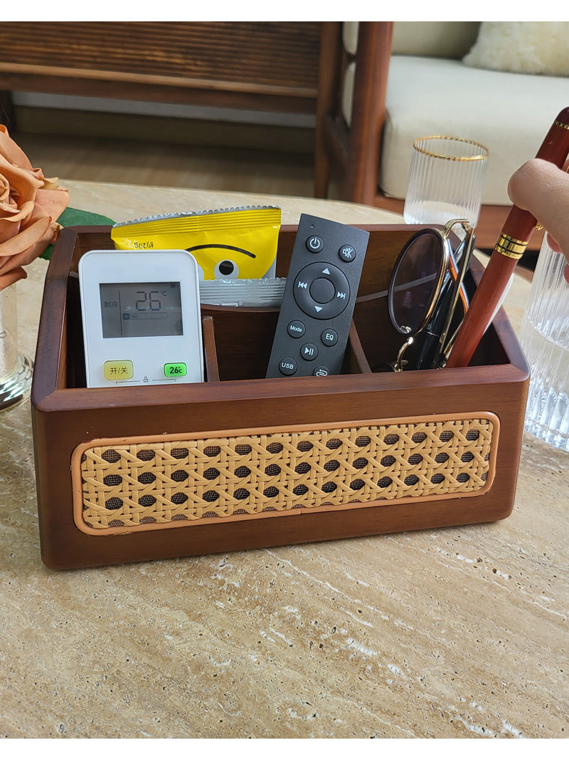 Handmade Wooden Organizer Tray - Rustic Rattan Design with Multi-Compartment Storage