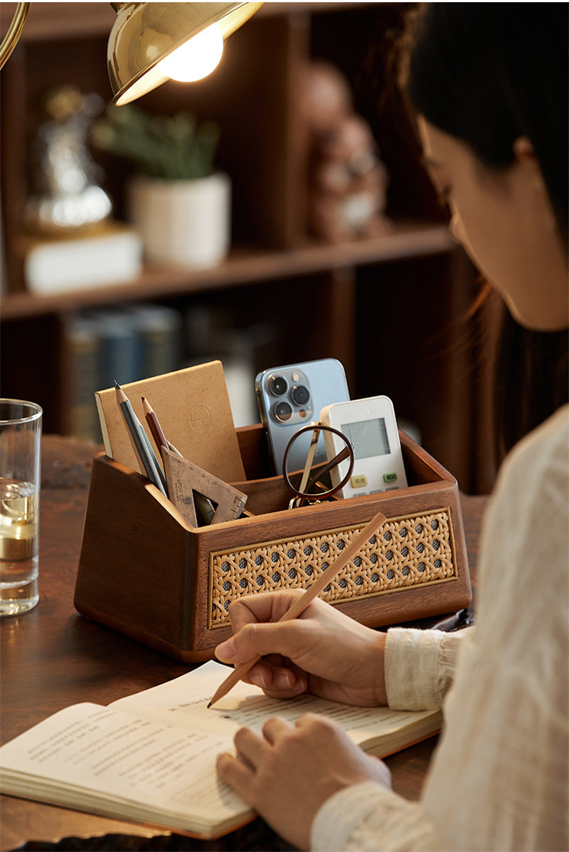 Handmade Wooden Organizer Tray - Rustic Rattan Design with Multi-Compartment Storage
