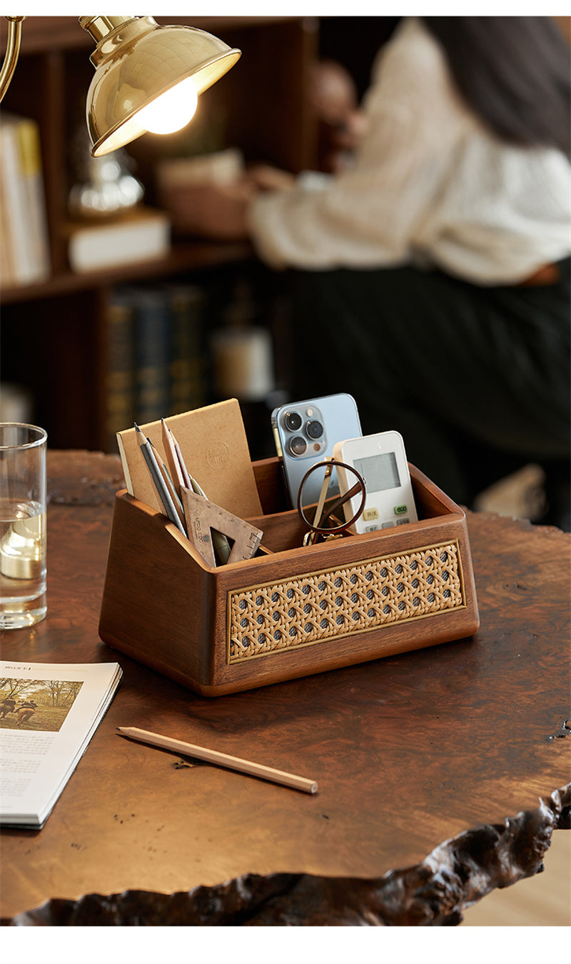 Handmade Wooden Organizer Tray - Rustic Rattan Design with Multi-Compartment Storage