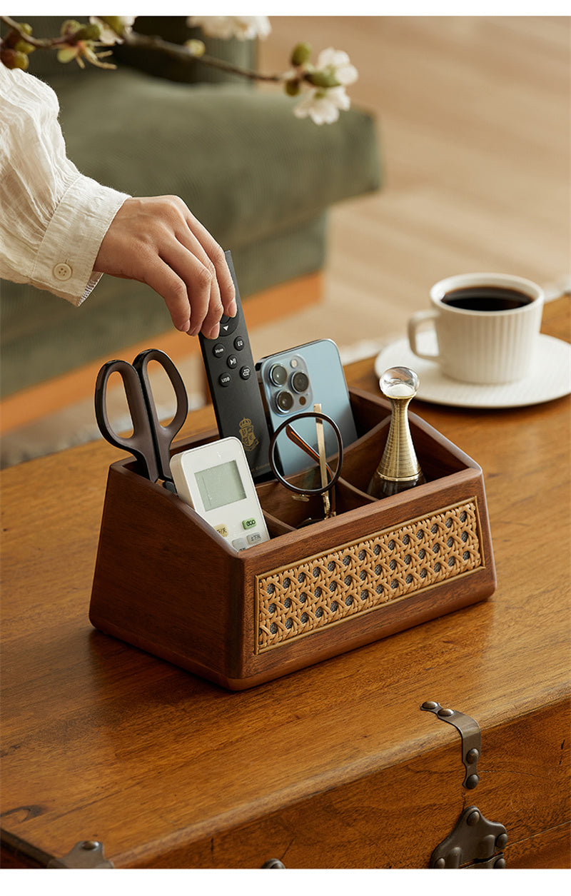 Handmade Wooden Organizer Tray - Rustic Rattan Design with Multi-Compartment Storage