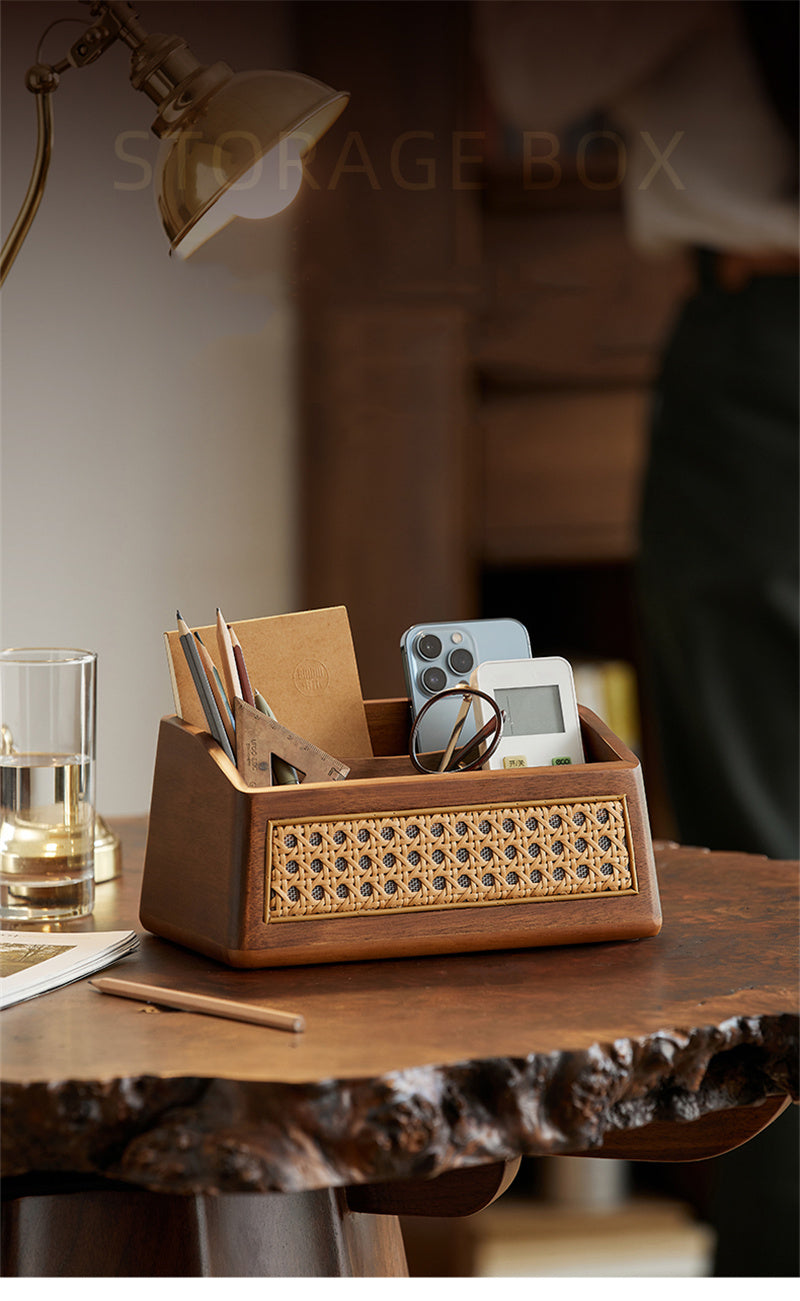 Handmade Wooden Organizer Tray - Rustic Rattan Design with Multi-Compartment Storage