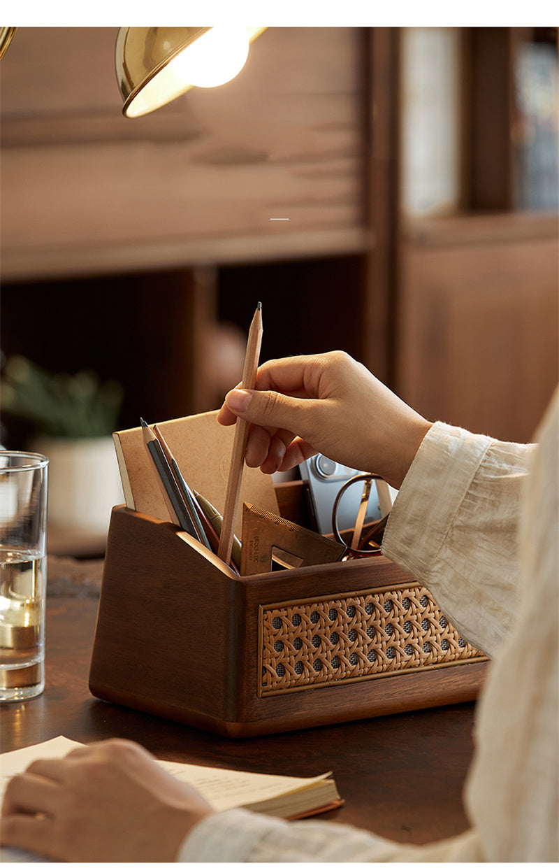 Handmade Wooden Organizer Tray - Rustic Rattan Design with Multi-Compartment Storage