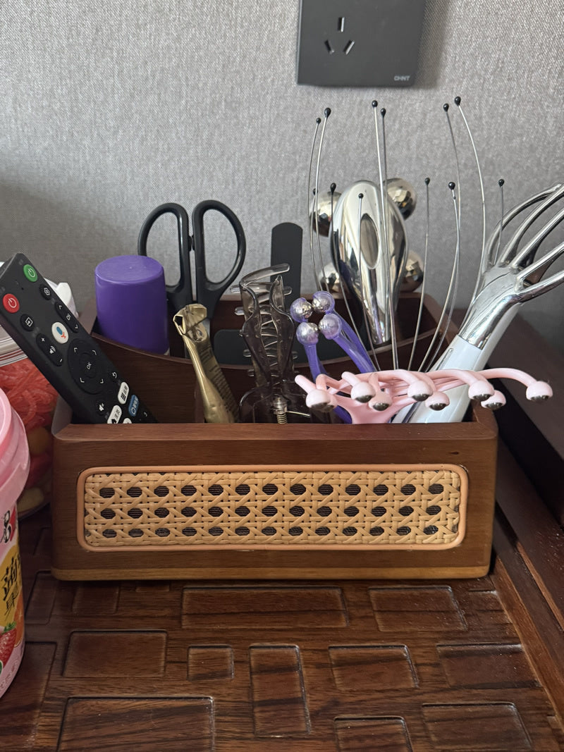 Handmade Wooden Organizer Tray - Rustic Rattan Design with Multi-Compartment Storage