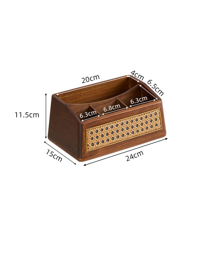 Handmade Wooden Organizer Tray - Rustic Rattan Design with Multi-Compartment Storage